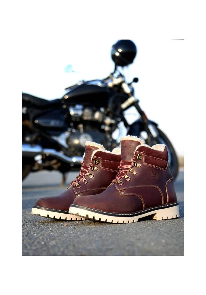 Bacca Bucci Maroon Moscow Leather Biker Boots with Fur for Hiking for Men | Best Price UAE